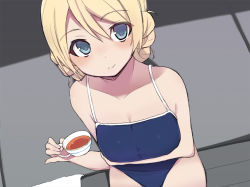 Rule 34 | 10s, 1girl, bad id, bad pixiv id, blonde hair, blue eyes, blush, breasts, cleavage, competition school swimsuit, cup, darjeeling (girls und panzer), covered erect nipples, girls und panzer, looking at viewer, maze (gochama ze gohan), one-piece swimsuit, one eye closed, school swimsuit, sitting, smile, solo, swimsuit, tea, teacup, towel