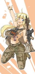 Rule 34 | 1girl, ahoge, american flag, assault rifle, bikini, bikini top only, blonde hair, blue eyes, camouflage, camouflage pants, eotech, explosive, female soldier, field radio, finger gun, glowstick, grenade, gun, h&amp;k hk416, heckler &amp; koch, highres, jumping, kneeling, load bearing vest, long hair, looking at viewer, m4 carbine, md5 mismatch, military, military uniform, navel, open mouth, original, pants, rifle, shino (r shughart), smile, solo, swimsuit, uniform, united states, vertical forward grip, weapon, wristband