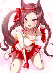 Rule 34 | 1girl, animal ears, bare shoulders, blush, brown hair, ear ornament, fingerless gloves, flower-shaped pupils, gloves, hanamura pink, highres, horse ears, horse girl, horse tail, looking at viewer, official alternate costume, official alternate hairstyle, open mouth, pink eyes, pleated skirt, ponytail, red gloves, red skirt, sakura bakushin o (red-hot leader) (umamusume), sakura bakushin o (umamusume), shirt, sitting, skirt, sleeveless, sleeveless shirt, smile, socks, solo, symbol-shaped pupils, tail, umamusume, v-shaped eyebrows, wariza, white footwear, white socks