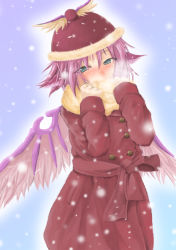 Rule 34 | 1girl, alternate eye color, animal ears, blue eyes, blush, breath, coat, covering face, covering own mouth, covering privates, embrace (bacchi), female focus, fur, hat, mystia lorelei, pink hair, scarf, short hair, snow, snowing, solo, touhou, wings, winter, winter clothes