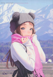 Rule 34 | 1girl, beanie, blurry, blush, brown eyes, brown hair, day, depth of field, enpera, happy, hat, highres, long hair, long sleeves, looking at viewer, mountain, murata range, nature, original, outdoors, pink scarf, scan, scarf, scenery, sky, smile, solo, tree, upper body