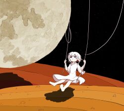 Rule 34 | 1girl, ashi izumo, barefoot, bright pupils, closed mouth, commentary, dress, expressionless, full moon, hands up, highres, moon, night, night sky, original, outdoors, purple eyes, shadow, short hair, sitting, sky, solo, swing, swinging, white dress, white pupils, wide shot