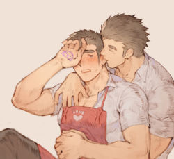 Rule 34 | 2boys, apron, bad id, bad pixiv id, bara, behind another, biting, black hair, blush, brown hair, chataro1412, couple, ear biting, ear blush, grabbing, groping, holding hands, hand on own head, interlocked fingers, male focus, protagonist 3 (housamo), multiple boys, muscular, muscular male, no eyewear, partially unbuttoned, pectoral grab, pectorals, red apron, motoori shiro, shirt, short hair, sleeves rolled up, tearing up, thick eyebrows, tokyo houkago summoners, upper body, white shirt, yaoi