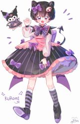 Rule 34 | 1girl, bad id, bad twitter id, black footwear, black hair, blouse, blush, bob cut, bow, bowtie, character name, demon girl, dress, dress bow, full body, hair ornament, hairpin, highres, kneehighs, kuromi, lace, lace-trimmed legwear, lace trim, long sleeves, looking at viewer, multicolored footwear, onegai my melody, open mouth, parted bangs, pastel colors, personification, puffy sleeves, purple bow, purple eyes, purple footwear, sanrio, shirt, shirt tucked in, shoes, short hair, simple background, skull, skull hair ornament, smile, socks, striped bow, striped bowtie, striped clothes, striped socks, tail, v-shaped eyebrows, walking, white background, white shirt, yalmyu