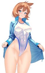 Rule 34 | 1girl, aqua eyes, bare legs, blue jacket, breasts, closed mouth, competition swimsuit, covered abs, covered navel, creatures (company), curvy, game freak, highleg, highleg swimsuit, highres, jacket, looking at viewer, medium breasts, misty (pokemon), nintendo, one-piece swimsuit, open clothes, open jacket, orange hair, pokemon, pokemon hgss, shiny skin, simple background, smile, solo, swimsuit, thighs, volyz, white background, white one-piece swimsuit, wide hips