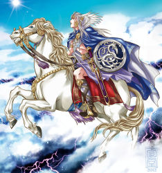 Rule 34 | 1boy, above clouds, blue cape, blue sky, boots, cape, cloud, dated, flying, helmet, holding, holding sword, holding weapon, horse, horseback riding, kazuki-mendou, lightning, male focus, nibelungenlied, outdoors, parted lips, riding, scabbard, sheath, sheathed, siegfried (nibelungenlied), sky, solo, sword, weapon, winged helmet