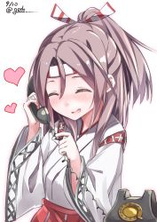 Rule 34 | 1girl, antique phone, blush, breasts, closed eyes, dated, getou, grey hair, hachimaki, hair ribbon, headband, heart, high ponytail, highres, holding, holding phone, kantai collection, long hair, open mouth, phone, ponytail, ribbon, rotary phone, simple background, small breasts, smile, solo, twitter username, upper body, white background, wide sleeves, zuihou (kancolle)