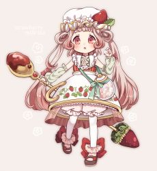 Rule 34 | 1girl, :o, arm warmers, blush, bow, brown footwear, cup, flower, food, food-themed hair ornament, food print, frills, fruit, full body, gradient hair, hair ornament, hair rings, hat, highres, jar, long hair, looking at viewer, mokarooru, multicolored hair, original, pantyhose, personification, pink hair, pocketland, red bow, red eyes, shoes, simple background, solo, spoon, standing, strawberry, strawberry blossoms, strawberry hair ornament, strawberry print, sugar cube, teacup, twintails, white background, white hair, white hat, white pantyhose