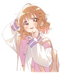 Rule 34 | 1girl, backlighting, backpack, bag, blush, brown bag, brown eyes, buttons, fang, hair ornament, hairclip, hand in own hair, hand on own chin, highres, jacket, light brown hair, long sleeves, looking at viewer, multicolored clothes, multicolored jacket, namori, oomuro-ke, oomuro sakurako, open mouth, puffy sleeves, purple jacket, shirt, simple background, smile, solo, upper body, wavy hair, white background, white jacket, white shirt, yuru yuri