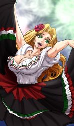 Rule 34 | 1girl, :d, black skirt, blonde hair, breasts, chin piercing, cleavage, commentary, dancing, english commentary, eyelashes, fate/grand order, fate (series), flower, green eyes, green nails, hair flower, hair ornament, highres, large breasts, long hair, long skirt, mexican dress, nail polish, open mouth, quetzalcoatl (fate), red flower, red rose, rose, shirt, short sleeves, skirt, smile, solo, white shirt, zantyarz