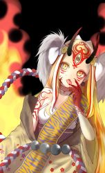 Rule 34 | 1girl, absurdres, bare shoulders, blonde hair, breasts, claws, fate/grand order, fate (series), female focus, fire, highres, horns, ibaraki douji (fate), japanese clothes, kimono, kotoriitsuka 151, long hair, off shoulder, oni, oni horns, open mouth, pixiv id 11239358, short kimono, small breasts, solo, tongue, wide sleeves, yellow eyes, yellow kimono