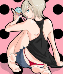 Rule 34 | androgynous, ash crimson, ass, barefoot, blonde hair, blue eyes, cheerio, food, freckles, gender request, hairband, ice cream, licking, looking back, male focus, nail polish, open mouth, panties, short hair, shorts, sitting, snk, solo, the king of fighters, thong, tongue, trap, underwear, whale tail (clothing)