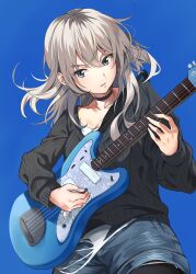 1girl absurdres electric_guitar fender_jazzmaster girls_band_cry grey_hair guitar highres instrument kawaragi_momoka long_hair long_sleeves playing_guitar sayuuiede shorts simple_background