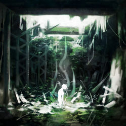 Rule 34 | 1other, blurry, colored skin, commentary, facing up, from side, highres, koujima shikasa, moss, outdoors, overgrown, plant, ruins, scenery, short hair, solo, symbol-only commentary, tokyo ghoul, white skin, wide shot