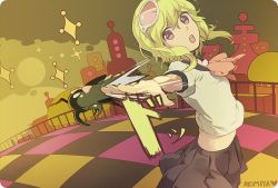Rule 34 | 1girl, beetle, brown eyes, bug, goggles, goggles on head, green hair, gumi, hitting, insect, open mouth, outstretched arms, piano (agneschen), school uniform, serafuku, short hair, skirt, solo, spinning, spread arms, vocaloid