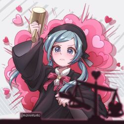 Rule 34 | 1girl, aqua eyes, balance scale, black hat, black robe, blouse, blurry, blurry foreground, blush, cloche hat, collared shirt, commentary, english commentary, explosion, frown, gavel, hammer, hat, hat ribbon, hatsune miku, heart, heart-shaped pupils, holding, holding hammer, holding mallet, judge, long hair, long sleeves, low twintails, mallet, marininho, ren&#039;ai saiban (vocaloid), ribbon, robe, shirt, silhouette, solo, spring onion, swept bangs, symbol-shaped pupils, twintails, twitter username, vocaloid, weighing scale, white shirt, wide sleeves