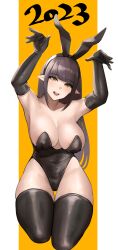 Rule 34 | 1girl, 2023, absurdres, alternate costume, animal ears, armpits, bare shoulders, black gloves, black hair, black leotard, black thighhighs, blunt bangs, breasts, chinese zodiac, cleavage, collarbone, commentary request, elbow gloves, fake animal ears, female focus, gloves, hairband, highres, hinoa, kurone rinka, large breasts, leotard, long hair, looking at viewer, monster hunter (series), monster hunter rise, open mouth, orange background, playboy bunny, pointy ears, rabbit ears, smile, solo, thighhighs, thighs, year of the rabbit