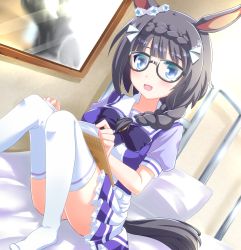 Rule 34 | 1girl, animal ears, bed, black hair, blue eyes, book, braid, commentary request, fuji tooya, glasses, highres, horse ears, looking at viewer, pillow, school uniform, side braid, sitting, solo, thighhighs, thighs, tracen school uniform, umamusume, white thighhighs, zenno rob roy (umamusume)