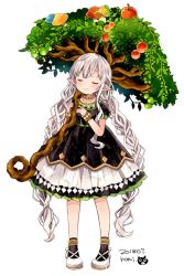 Rule 34 | 1girl, apple, bad id, bad twitter id, braid, closed eyes, commentary, copyright request, dress, food, fruit, harikamo, long hair, mushroom, pointy ears, puffy short sleeves, puffy sleeves, short sleeves, simple background, smile, solo, tree, twin braids, very long hair, white background, white hair, wristband