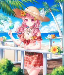 Rule 34 | 1girl, absurdres, bad id, bad pixiv id, bang dream!, bare shoulders, belt, blue sky, blush, bracelet, braid, breasts, brown belt, cleavage, closed mouth, cloud, cloudy sky, coconut, coconut tree, collarbone, commentary request, cup, day, drink, drinking glass, earrings, flower, food, frills, fruit, glass, hair flower, hair ornament, hair over shoulder, hara (xper8243), hat, hat ribbon, heart, highres, holding, huge filesize, jewelry, long hair, looking at viewer, low twintails, maruyama aya, ocean, open mouth, orange flower, outdoors, palm tree, pink eyes, pink hair, plaid, plaid skirt, red skirt, ribbon, scrunchie, short sleeves, skirt, sky, smile, solo, straw hat, sun hat, swimsuit, tree, tropical drink, twin braids, twintails, white flower