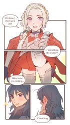 Rule 34 | 2girls, alternate costume, alternate hairstyle, armor, blue eyes, blue hair, blush, breastplate, byleth (female) (fire emblem), byleth (fire emblem), cape, edelgard von hresvelg, english text, fire emblem, fire emblem: three houses, fire emblem warriors, fire emblem warriors: three hopes, hair ornament, hair ribbon, highres, light smile, lipgloss, long hair, looking at another, medium hair, multiple girls, nintendo, official alternate costume, official alternate hairstyle, open mouth, purple eyes, radiostarkiller, red cape, ribbon, sweat, thighhighs, thighs, white hair, yuri