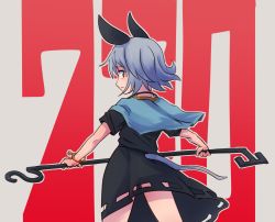 Rule 34 | 1girl, animal ears, black shirt, black skirt, blue capelet, capelet, closed mouth, commentary, cowboy shot, dated, dowsing rod, from behind, grey hair, highres, looking at viewer, looking back, mouse ears, mouse girl, mouse tail, nazrin, red eyes, shirt, short hair, short sleeves, skirt, skirt set, solo, tail, touhou, yan pai