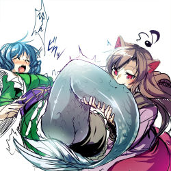 Rule 34 | ajishio, animal ears, bite mark, biting, biting another&#039;s tail, blue hair, blush, brown hair, closed eyes, fins, head fins, imaizumi kagerou, japanese clothes, kimono, long hair, long sleeves, mermaid, monster girl, multiple girls, obi, open mouth, red eyes, sash, short hair, smile, tail, tail biting, tailjob, touhou, trembling, uncommon stimulation, wakasagihime, werewolf, wide sleeves, wolf ears, yuri