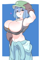 Rule 34 | 1girl, :q, absurdres, armpits, black tank top, blue background, blue eyes, blue hair, blush, breasts, cleavage, commentary request, flat cap, gloves, green hat, hair between eyes, hair bobbles, hair ornament, hand on headwear, hand on own hip, hat, heart, highres, huge breasts, jewelry, kawashiro nitori, key, looking at viewer, navel, pendant, short hair, simple background, solo, tank top, tongue, tongue out, touhou, two side up, uminotacos, white background