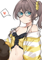 Rule 34 | 1girl, bare shoulders, blue eyes, blush, breasts, brown hair, camisole, closed mouth, collarbone, commentary, erubusubori, frilled camisole, frills, glasses, heart, highres, hololive, jacket, long sleeves, looking at viewer, medium hair, natsuiro matsuri, natsuiro matsuri (matsuri&#039;s day off), navel, official alternate costume, round eyewear, scrunchie, side ponytail, simple background, small breasts, smile, solo, speech bubble, spoken heart, strap slip, striped clothes, striped jacket, upper body, variant set, virtual youtuber, white background, white jacket, yellow camisole, yellow jacket, yellow scrunchie