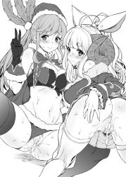 Rule 34 | 10s, 2girls, aftersex, anila (granblue fantasy), anus, ass, bikini, bikini bottom aside, blush, breasts, christmas, clarisse (granblue fantasy), clothes lift, clothing aside, cum, cum in pussy, cumdrip, draph, fur trim, gloves, granblue fantasy, greyscale, groin, hair ribbon, hat, horns, large breasts, long hair, looking at viewer, medium breasts, midriff, monochrome, multiple girls, mushi024, navel, ponytail, pubic hair, pussy, ribbon, santa hat, sheep horns, simple background, sitting, skirt, skirt lift, smile, sweat, swimsuit, swimsuit aside, thighhighs, uncensored, v, white background