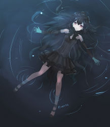 Rule 34 | 10s, 1girl, abyssal ship, black hair, black theme, dark, full body, hachimitsu (hati718), isolated island oni, kantai collection, looking at viewer, lying, on back, pantyhose, parted lips, partially submerged, red eyes, solo, twitter username