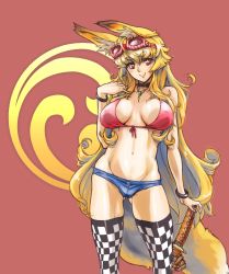Rule 34 | 1girl, animal ears, bikini, bikini top only, blonde hair, breasts, checkered clothes, checkered legwear, chikuwa (tks), choker, covered erect nipples, denim, denim shorts, eyebrows, female focus, fox ears, fox tail, gluteal fold, goggles, goggles on head, groin, highres, jewelry, large breasts, long hair, navel, necklace, original, red bikini, red eyes, short shorts, shorts, solo, swimsuit, tail, thighhighs