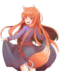 Rule 34 | 1girl, :d, animal ears, brown hair, clothes lift, from behind, holo, long hair, looking back, open mouth, red eyes, skirt, skirt lift, smile, solo, spice and wolf, tail, togezou, wolf ears, wolf tail