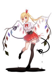 Rule 34 | 1girl, :q, absurdres, arm ribbon, asymmetrical legwear, black corset, black socks, black thighhighs, blonde hair, bow, bowtie, closed mouth, commentary request, corset, crystal, flandre scarlet, frilled skirt, frills, full body, hair ribbon, heart, highres, holding, laevatein (touhou), long hair, looking at viewer, mary janes, mismatched legwear, murasaki satori, one side up, puffy short sleeves, puffy sleeves, red bow, red bowtie, red eyes, red ribbon, red skirt, ribbon, shirt, shoes, short sleeves, simple background, skirt, smile, socks, solo, standing, standing on one leg, thighhighs, tongue, tongue out, touhou, white background, white shirt, wings