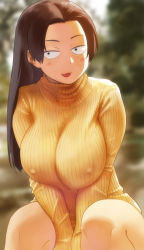 Rule 34 | 1girl, :3, :d, between legs, black eyes, blurry, blush, breasts, brown hair, constricted pupils, covered erect nipples, depth of field, eyebrows, facing away, hair intakes, hand between legs, large breasts, long hair, looking at viewer, looking away, mob face, narisokonai (mmmikedaya), open mouth, original, ribbed sweater, sitting, smile, solo, straight hair, sweater, turtleneck, turtleneck sweater, v arms, yellow sweater