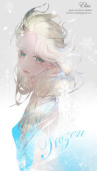 Rule 34 | 1girl, antenna (draconian), blue eyes, character name, colored eyelashes, copyright name, elsa (frozen), from side, frozen (disney), long hair, sad, signature, silver hair, snowflakes, tears, watermark, web address, white theme