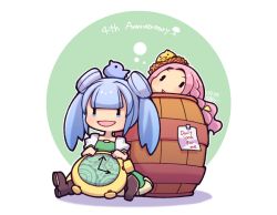Rule 34 | 2girls, 2others, :d, animal, animal on head, anniversary, artist name, barrel, bird, bird nest, bird on head, blue eyes, blue hair, blunt bangs, boots, bow, braid, brown footwear, character request, chibi, clock, commentary, dated, double bun, dress, english commentary, english text, green dress, hair bow, hair bun, holding, in container, long dress, long hair, looking at another, multiple girls, multiple others, on head, open mouth, outline, paper, pink hair, puffy short sleeves, puffy sleeves, short sleeves, signature, sitting, smile, tape, tree of savior, twintails, umenodo, white outline, yellow bow, | |