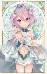 Rule 34 | 1girl, antenna hair, art nouveau, bare shoulders, closed mouth, clothing cutout, commentary request, dress, flower, gaaratelier, grey hair, hair between eyes, hair flower, hair ornament, hair ribbon, highres, kokkoro (princess connect!), navel, navel cutout, outstretched arm, pink flower, pointy ears, princess connect!, princess form (princess connect!), purple eyes, ribbon, see-through, sleeveless, sleeveless dress, smile, solo, white dress