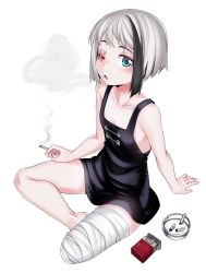 Rule 34 | 1girl, :o, amputee, ashtray, bad id, bad twitter id, bandaged leg, bandages, bare arms, bare legs, bare shoulders, bikko, black dress, black hair, borrowed character, cigarette, cigarette butt, cigarette pack, collaboration, collarbone, dress, flat chest, full body, green eyes, highres, iwbitu, looking at viewer, multicolored hair, no bra, ompf, one-eyed, one eye closed, original, scar, scar across eye, scar on face, short hair, silver hair, simple background, sitting, smoke, smoking, solo, streaked hair, two-tone hair, white background