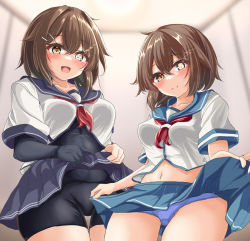 Rule 34 | 2girls, black sailor collar, black skirt, blue panties, blue sailor collar, blue skirt, bodysuit, brown hair, clothes lift, commentary request, commission, dress, dual persona, elbow gloves, furutaka (kancolle), furutaka kai ni (kancolle), gloves, glowing, glowing eye, hair ornament, hairclip, heterochromia, highres, kantai collection, kasashi (kasasi008), multiple girls, neckerchief, panties, pleated dress, red neckerchief, sailor collar, school uniform, serafuku, short hair, single elbow glove, skeb commission, skirt, skirt lift, underwear