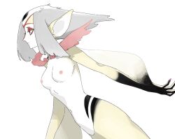 Rule 34 | 1girl, ao no roku-gou, black skin, breasts, closed mouth, colored skin, from side, grey hair, highres, kawatiw, monster girl, multicolored skin, mutio, nipples, profile, red eyes, simple background, small breasts, solo, white background, white skin, yellow skin