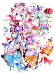 Rule 34 | 1girl, bad id, bad pixiv id, blue eyes, breasts, bug, butterfly, colorful, female focus, flower, hand fan, hat, highres, bug, japanese clothes, kimono, legomaru, nature, painting (medium), pink hair, plant, saigyouji yuyuko, short hair, solo, touhou, traditional media, watercolor (medium), white background
