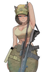 Rule 34 | 1girl, abs, absurdres, animal ears, arm at side, arm behind head, arm up, assault rifle, azz0422, bare shoulders, belt, blue eyes, breasts, brown hair, camouflage, camouflage pants, cleavage, commentary, crop top, dog ears, dog girl, english commentary, gun, hat, highres, large breasts, looking at viewer, military hat, military uniform, muscular, muscular female, original, pants, rifle, simple background, stomach, strap, sweat, tank top, thigh belt, thigh strap, thighs, toned, uniform, weapon, white background, wide hips