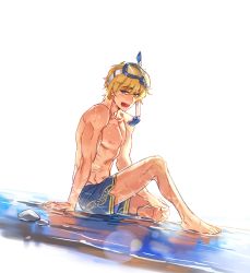 Rule 34 | 1boy, arm support, bare pectorals, barefoot, blonde hair, bloom, blue eyes, blue male swimwear, blue swim trunks, diving mask, diving mask on head, dutch angle, fate/grand order, fate (series), feet, gawain (fate), goggles, goggles on head, grand dobu, green eyes, highres, looking at viewer, male focus, male swimwear, muscular, nipples, open mouth, pectorals, simple background, smile, snorkel, soles, solo, swim trunks, swimsuit, toes, topless male, water, wet, white background