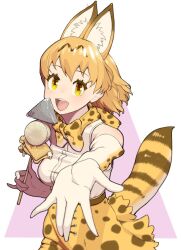 Rule 34 | 1girl, animal ears, belt, blonde hair, bow, bowtie, burikarun, cat ears, cat girl, cat tail, elbow gloves, extra ears, food, gloves, kemono friends, looking at viewer, oden, serval (kemono friends), serval print, shirt, short hair, simple background, skirt, sleeveless, sleeveless shirt, solo, tail, yellow eyes
