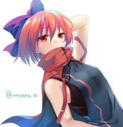Rule 34 | 1girl, adapted costume, arm behind head, arm up, armpits, blue bow, bow, capelet, commentary request, dutch angle, ear piercing, hair between eyes, hair bow, high collar, nnyara, piercing, red eyes, red hair, sekibanki, short hair, simple background, sleeveless, solo, touhou, twitter username, upper body, white background, zipper