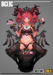Rule 34 | + +, 1boy, 1girl, black bra, black footwear, black gloves, black panties, black thighhighs, boots, bra, breasts, closed mouth, collarbone, copyright name, demon horns, demon wings, destiny child, doughnut, fingerless gloves, food, full-body tattoo, gloves, grey background, highres, horns, large breasts, limos (destiny child), lips, long hair, looking at viewer, navel, panties, pubic tattoo, red eyes, red hair, side-tie panties, simple background, sitting, spread legs, stomach, tattoo, thigh boots, thighhighs, tongue, tongue out, two side up, underwear, voruvoru, wings