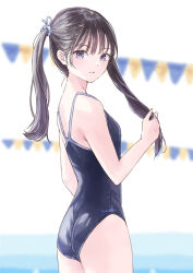 1girl artist_name bare_shoulders blue_one-piece_swimsuit blue_ribbon blurry blurry_background breasts brown_hair competition_school_swimsuit cowboy_shot flag hair_ribbon hand_in_own_hair hondahiro looking_at_viewer one-piece_swimsuit original parted_lips pennant purple_eyes ribbon school_swimsuit small_breasts solo standing swimsuit twintails