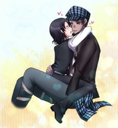 Rule 34 | 00s, 2boys, :d, age difference, ass, ass grab, bad id, bad pixiv id, belt, black hair, blush, couple, dark skin, dark-skinned male, closed eyes, gopher (soul eater), hat, heart, hug, imminent kiss, jacket, jewelry, jpeg artifacts, kiss, male focus, multiple boys, necklace, noah (soul eater), open clothes, open jacket, open mouth, pants, pendant, plaid, profile, short hair, sitting, sitting on lap, sitting on person, smile, soul eater, straddling, striped, striped background, vest, yaoi, yellow eyes, yuzumi t