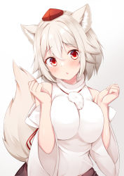 Rule 34 | 1girl, animal ears, bare shoulders, black skirt, blush, breasts, detached sleeves, hair between eyes, hands up, hat, inubashiri momiji, large breasts, looking at viewer, paw pose, pom pom (clothes), red eyes, rururiaru, shirt, short hair, skirt, sleeveless, sleeveless shirt, solo, tail, tokin hat, touhou, white shirt, wolf ears, wolf tail